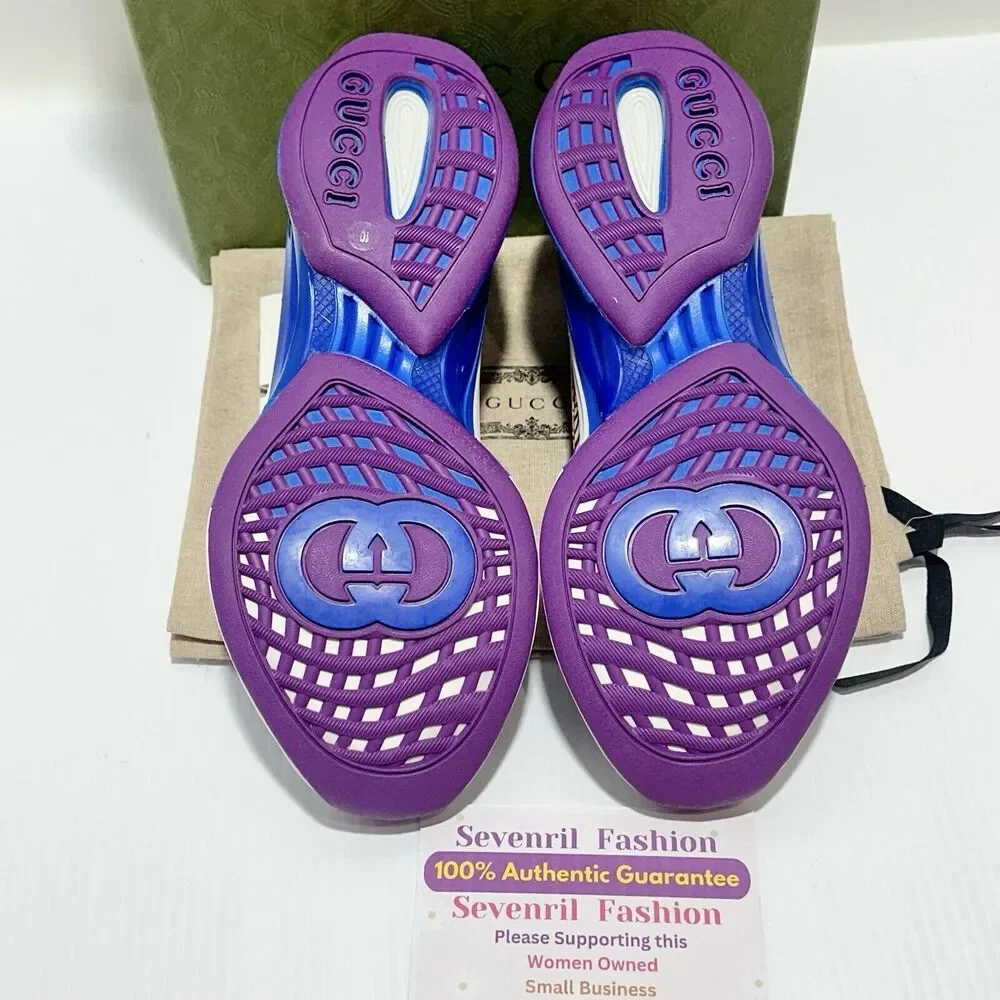 Gucci Run 10/ US 10.5 Knit Low Top Sneakers Blue Orange GG Embossed NIB $920